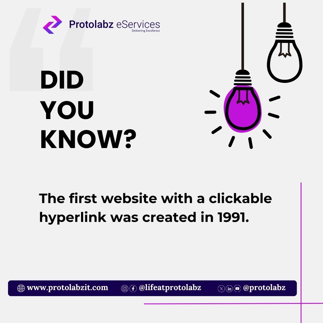 Did You Know?
#DidYouKnow #TeamProtolabz #interestingfactsforyou #factsonly #factsdaily #firstwebsite #hyperlink #clickable #Link #webappdevelopment #mobileappdevelopment #DeliveringExcellence