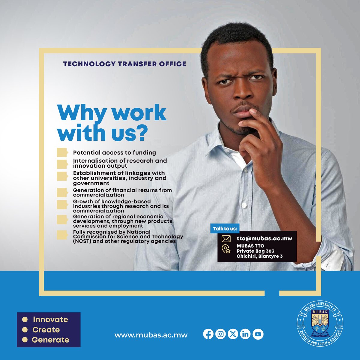 mubasmw's tweet photo. 𝗗𝗼 𝘆𝗼𝘂 𝗵𝗮𝘃𝗲 𝗮𝗻𝘆 𝗶𝗻𝗻𝗼𝘃𝗮𝘁𝗶𝗼𝗻 𝗼𝗿 𝗯𝘂𝘀𝗶𝗻𝗲𝘀𝘀 𝗶𝗱𝗲𝗮 𝘁𝗵𝗮𝘁 𝘆𝗼𝘂 𝘄𝗼𝘂𝗹𝗱 𝗹𝗶𝗸𝗲 𝘁𝗼 𝗰𝗼𝗺𝗺𝗲𝗿𝗰𝗶𝗮𝗹𝗶𝘇𝗲?
Look nowhere, MUBAS TTO is here to help you achieve your dreams.
For more details: tto@mubas.ac.mw

#TechTransferOffice https://t.co/gbystH9eKh