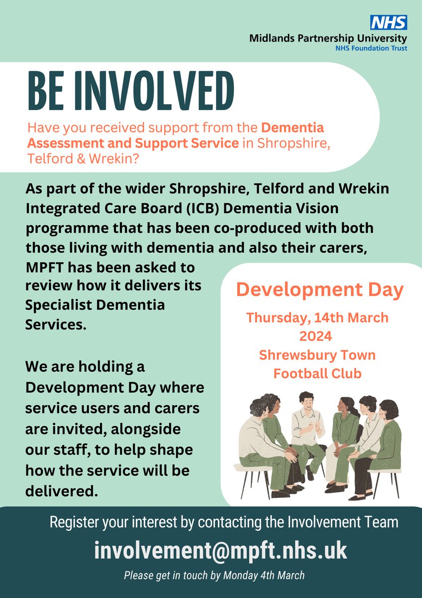 Fantastic opportunity to be involved! Please drop us an email. #Shropshire #telfordandwrekin #dementia #NHS #ICBNetwork @mpftnhs @mpftmembership #Dementiaservices #bettertogether #mpft @MarieRyder5 @ShropCouncil @ShropCommHealth