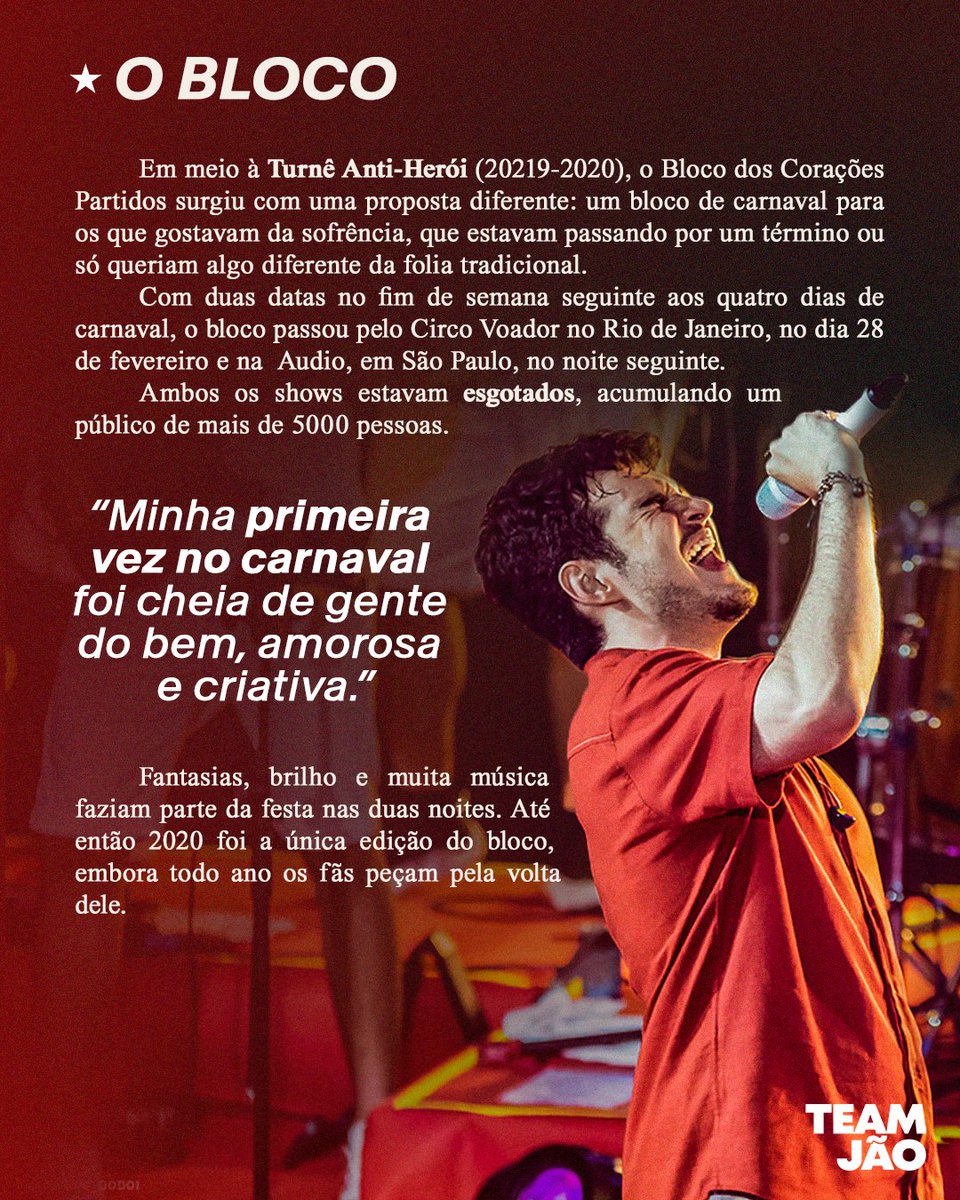 teamjao's tweet photo. O #TBTeam de hoje ainda tá em ritmo de carnaval e veio pra relembrar um pouquinho do Bloco dos Corações Partidos, que rolou em 2020 💔
Por aqui a gente morre de saudade do Bloco! Foram apenas 2 shows, mas que viraram memórias muito bonitas 💫 https://t.co/hl6UYruuhe