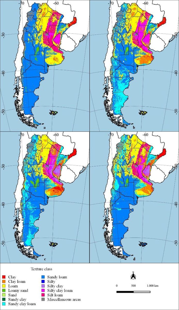 Mapas de textura de suelos, componentes texturales y error a 0-15, 15-30, 30-60 y 60-100 cm de Argentina <a href="/intaargentina/">INTA</a> <a href="/INTARNaturales/">INTA Centro de Investigación de Recursos Naturales</a>  <a href="/UNAM_MX/">UNAM</a> <a href="/dario_martin/">Darío Rodríguez</a> <a href="/LeoTenti/">Leo Tenti</a> <a href="/angelini75/">Marcos Angelini</a> <a href="/lucasmm35/">Lucas Moretti</a> <a href="/jccolazo/">Juan Cruz Colazo</a> <a href="/midraed/">Guillermo Olmedo</a> y Mario Guevara zenodo.org/records/631265…
link.springer.com/chapter/10.100…