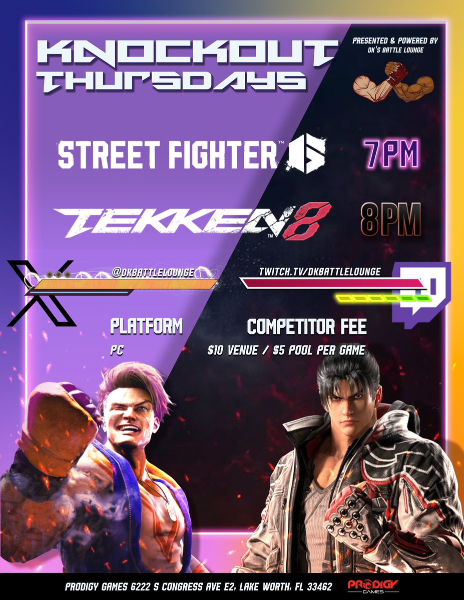 DKBattleLounge's tweet photo. Good Morning and Happy Thursday #StreetFighter and #Tekken Players! #ProdigyGames 26 is set to start 6PM. Come by for casuals or Drive into battle and feel the heat at @ProdigyGamesTCG tonight! https://t.co/DdQNctzDL5