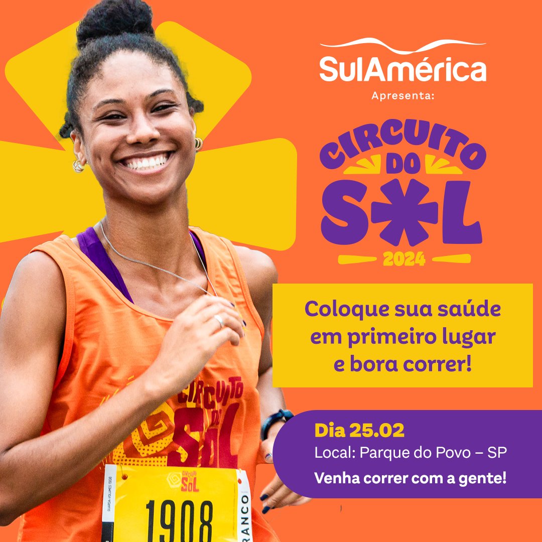 Não deixe para a última hora! Acesse o site e garanta o seu lugar, selecionando o Kit Sol Cortesia e ainda ganhe 10% de desconto com o nosso cupom SULAAMERICA10: circuitodosol.com.br/sao-paulo/ Venha se cuidar e aproveitar uma manhã cheia de atividade física e em boa companhia.