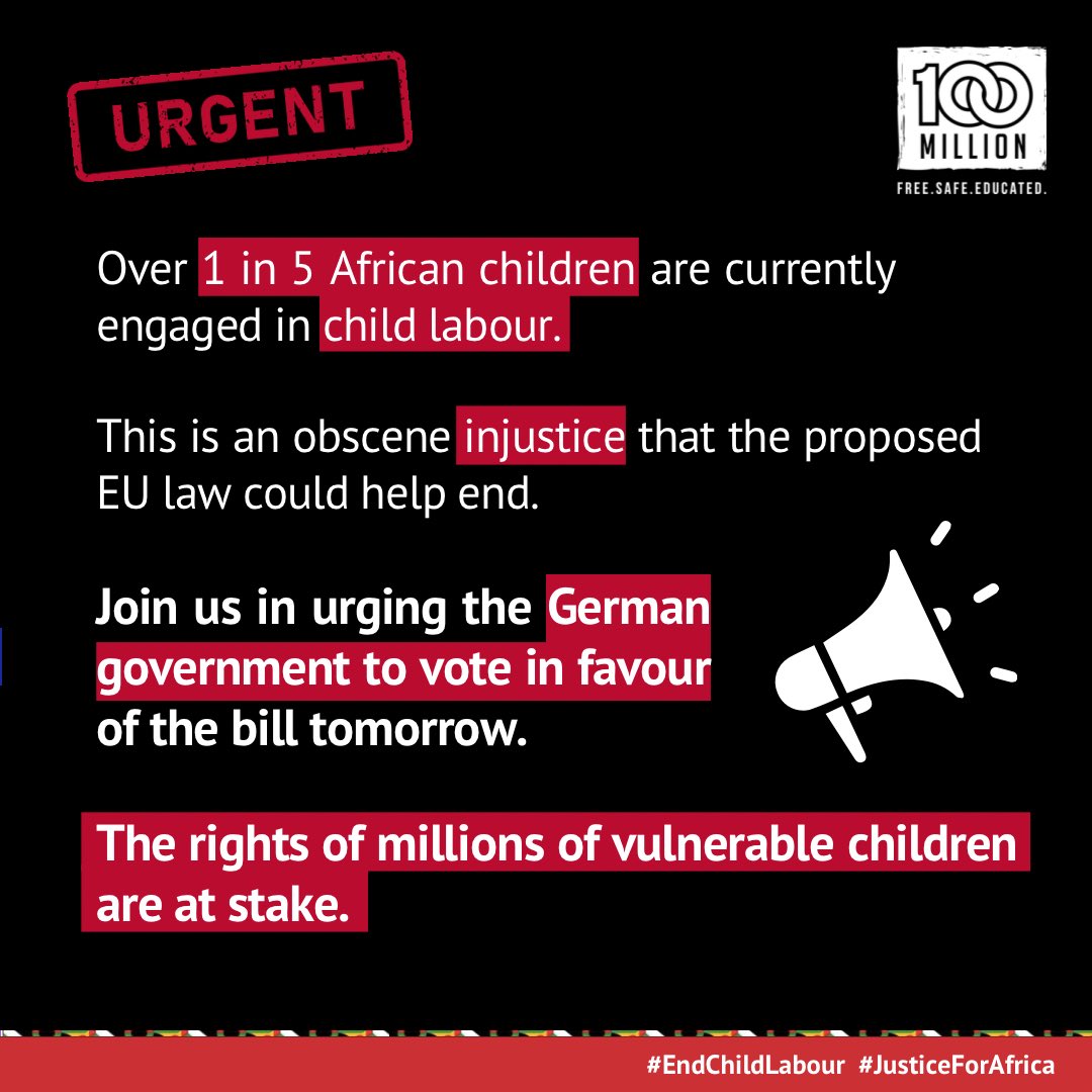 We’re joining education & child labour advocates across the world calling on #Germany @OlafScholz to vote in favour of the EU supply chain law tomorrow Failure to pass this law is a failure to protect the rights of the most vulnerable children in #ChildLabour #JusticeForAfrica