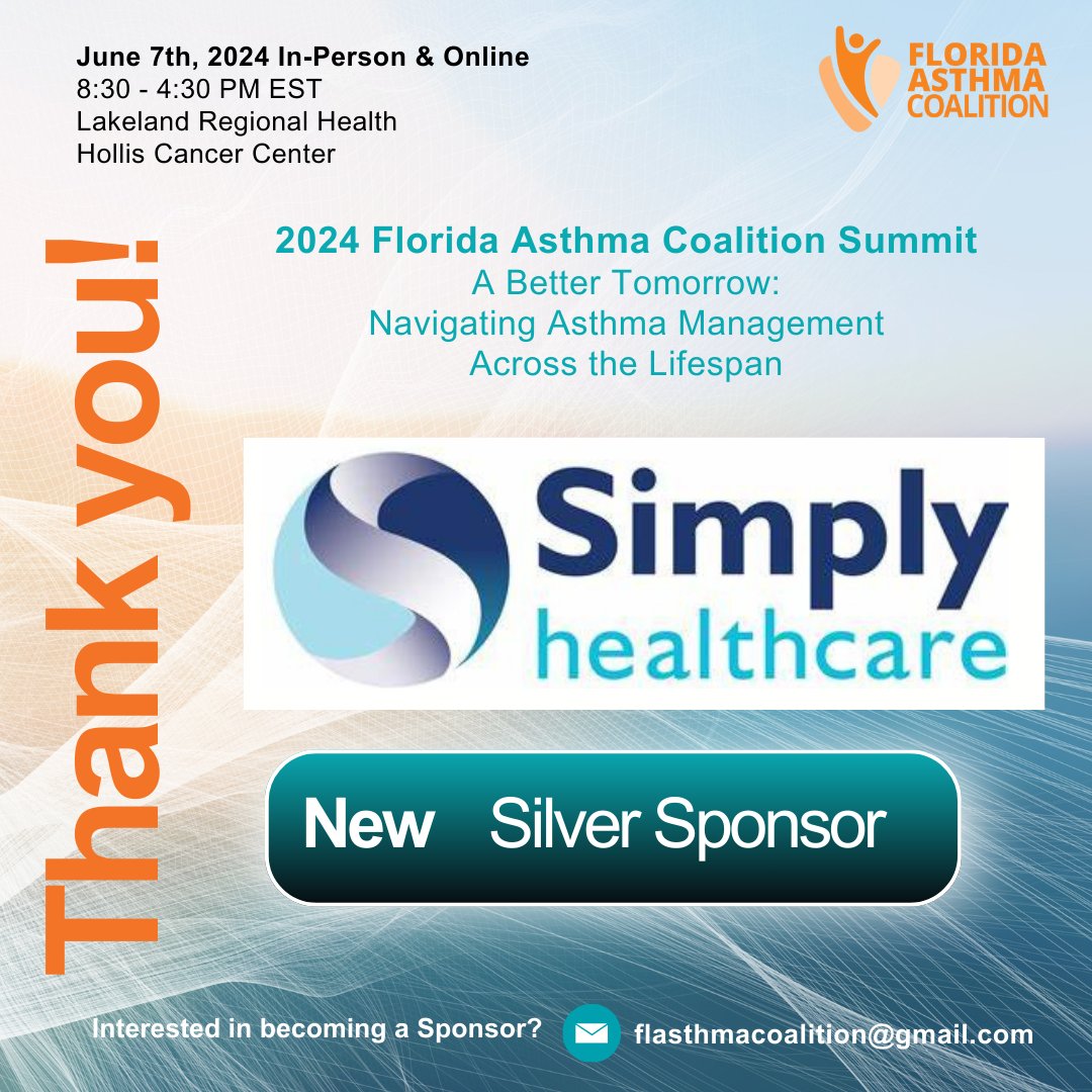 Thank you to our Silver Sponsor, @SimplyFl for your generous contribution towards the 2024 Florida Asthma Coalition Summit! We look forward to seeing you at Lakeland Regional Health on Friday, June 7th. Learn more at cvent.me/ezKa7V?locale=…
