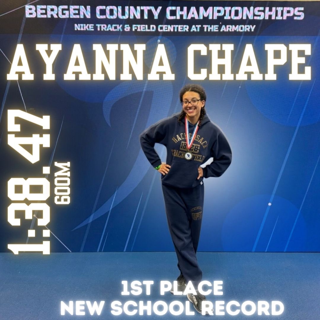 Ayanna Chape takes 1st Place in the Bergen County Championships yesterday in the 600!! A personal best and new school record time of 1:38.47. Congratulations, Ayanna! 💙💛🥇🥇