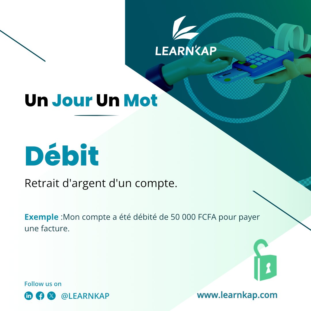 Learn_kap's tweet photo. #100daystolearnfinance
Mot du jour : DÉBIT 💲
Le débit fait référence à une opération qui entraîne une sortie d'argent d'un compte.
Comment votre établissement financier vous informe-t-il lorsqu'il y a un débit dans votre compte ?
#learnkap #learnfinance #Debit https://t.co/FMfK2wkdkW