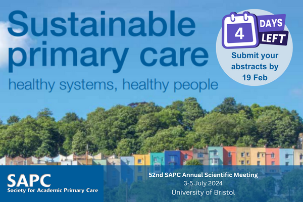 Just 4 DAYS left to submit abstracts for the Society for Academic Primary Care 2024 ASM! 📢

As well as oral &amp; poster presentations, we're looking for workshop, creative enquiry &amp; 'dangerous ideas' submissions.

Deadline: 19 Feb 🗓️

➡️sapc.ac.uk/article/2024-c…
#sapcasm #primarycare