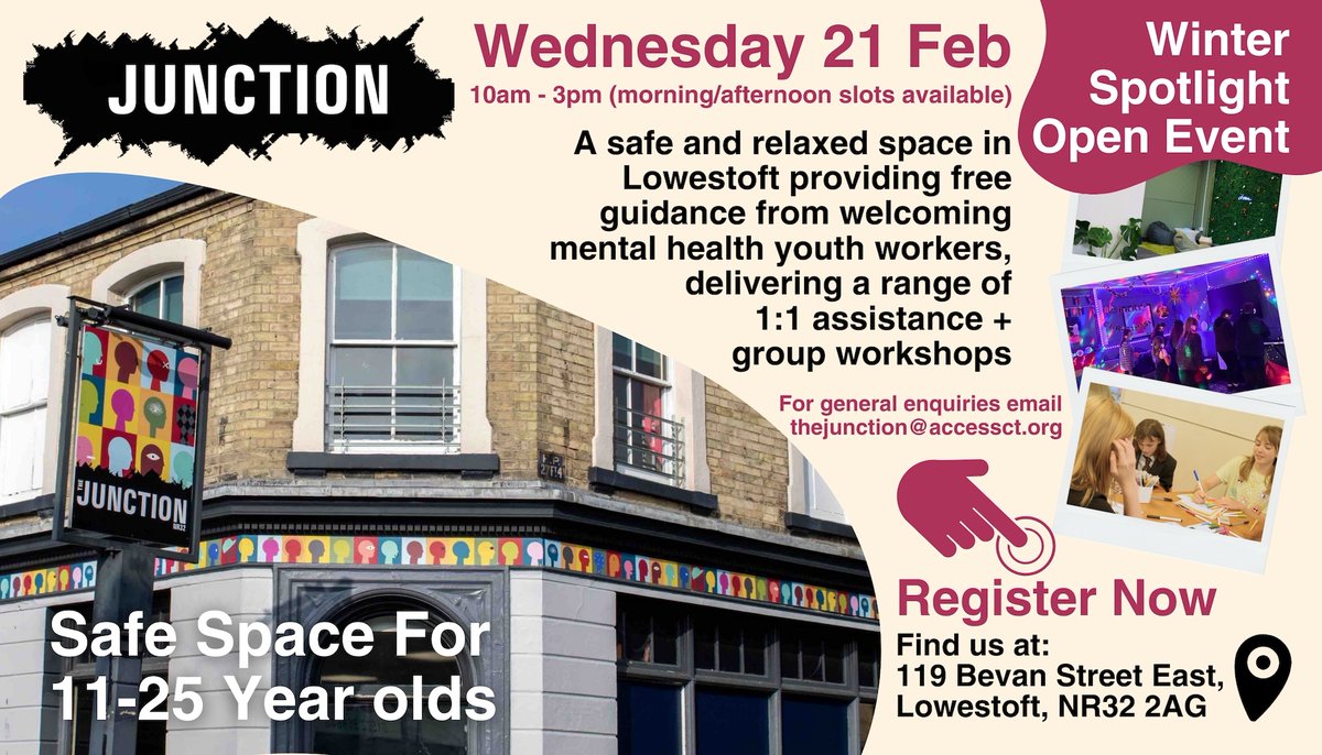 🎉 Don't miss the Winter Spotlight Open Event at The Junction on Wednesday 21 Feb from 10am-3pm! 📅Join the team of youth workers, find out more about what the service offers and explore the space. Book in below as a parent or professional forms.office.com/e/nxgF14FkVm