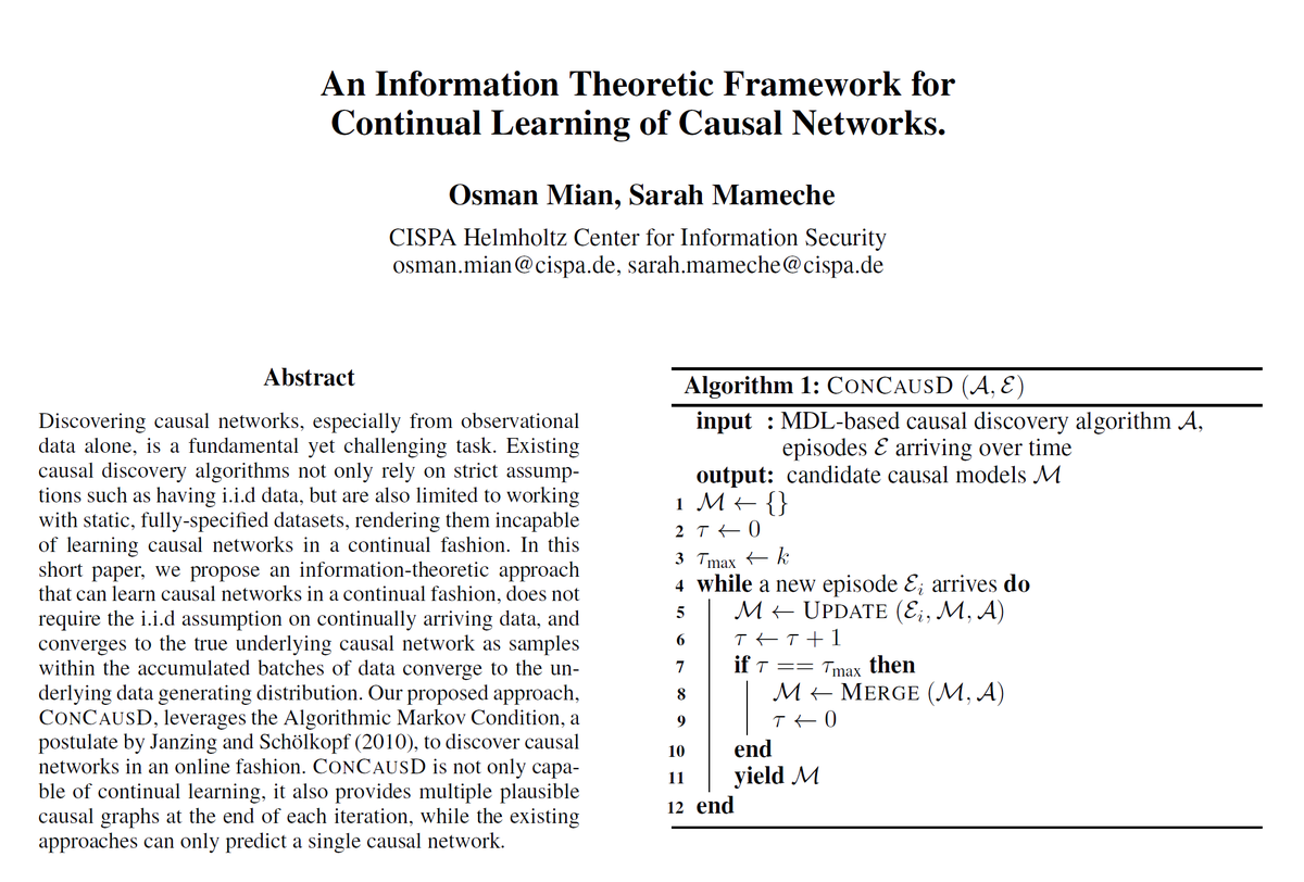 Looking forward to attending @RealAAAI 24 next week in Vancouver. I will present our proposal for Continual Learning of Causal Networks and a proofof concept to do the same. Ping me if you would like to chat causality :-)
Joint work with @drjilles & @sarah_mameche 
#CausalTwitter