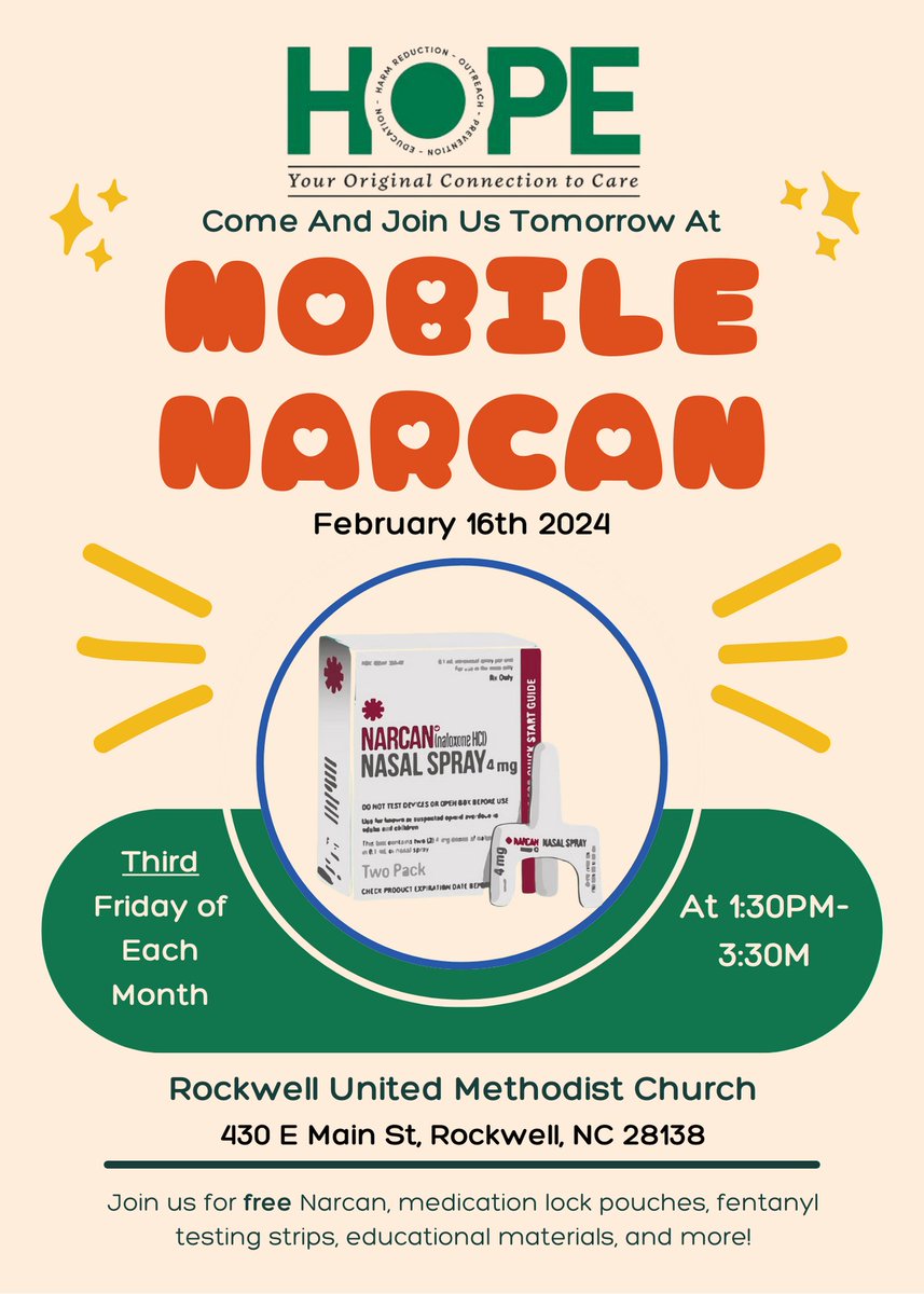 Join us tomorrow for our second mobile Narcan event at Rockwell United Methodist Church from 1:30-3:30, offering free Narcan, fentanyl testing strips, educational materials, and medical lock pouches. #Narcan #Fentanyl #CommunityHealth #RockwellNC #RowanCountyNC
