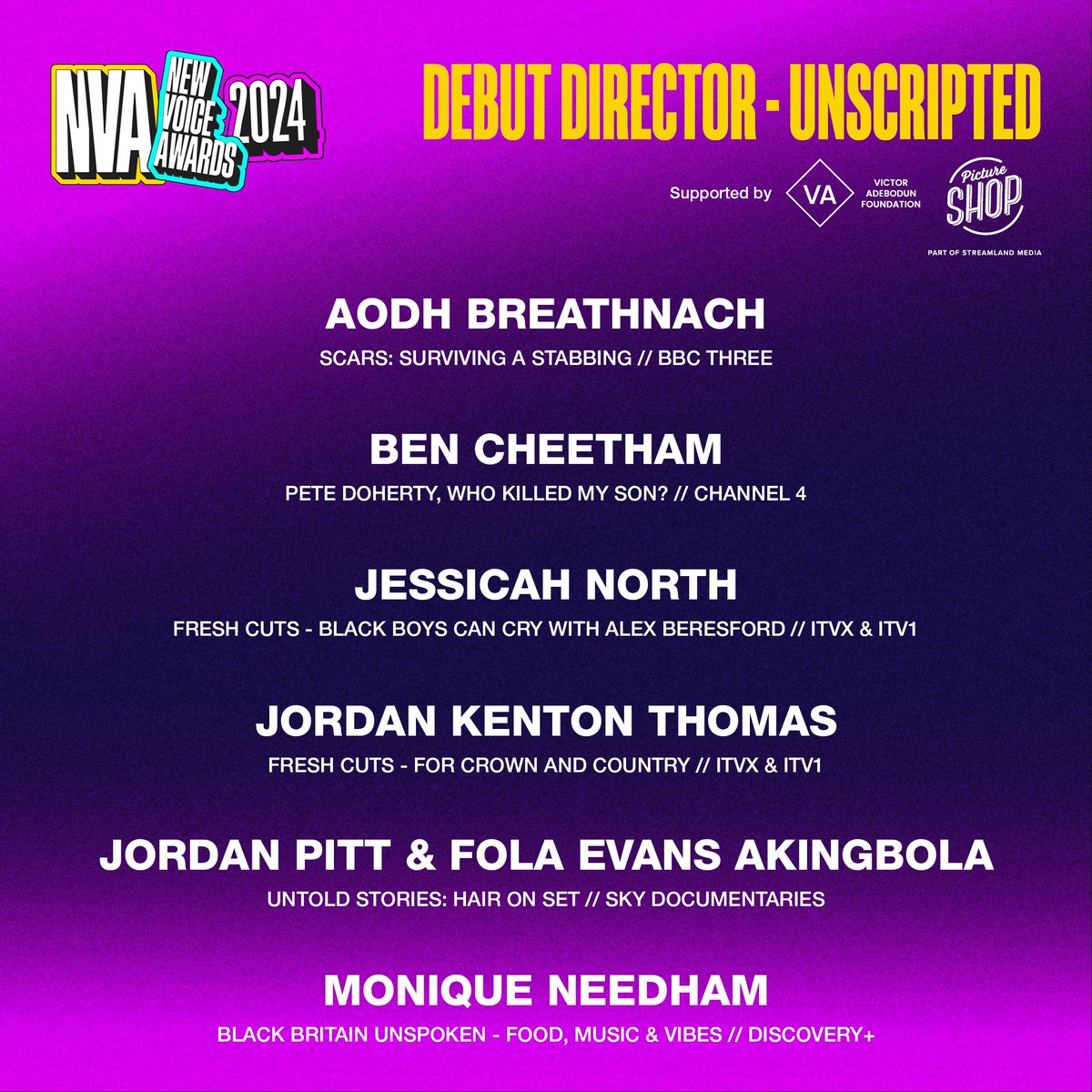The TV Foundation (@thetvfoundation) on Twitter photo THE VICTOR ADEBODUN AWARD FOR DEBUT DIRECTOR - UNSCRIPTED
Aodh Breathnach (<a href="/aodh_film/">Aodh Breathnach</a>)
Ben Cheetham
Jessicah North (<a href="/JessicahNorth/">Jessicah North</a>)
Jordan Kenton Thomas (<a href="/KentonJThomas/">Kenton Jordan Thomas</a>)
Jordan Pitt & Fola Evans Akingbola (<a href="/JordanPitt/">Jordan Pitt</a>)
Monique Needham (@getneeks) THE VICTOR ADEBODUN AWARD FOR DEBUT DIRECTOR - UNSCRIPTED
Aodh Breathnach (<a href="/aodh_film/">Aodh Breathnach</a>)
Ben Cheetham
Jessicah North (<a href="/JessicahNorth/">Jessicah North</a>)
Jordan Kenton Thomas (<a href="/KentonJThomas/">Kenton Jordan Thomas</a>)
Jordan Pitt & Fola Evans Akingbola (<a href="/JordanPitt/">Jordan Pitt</a>)
Monique Needham (@getneeks)