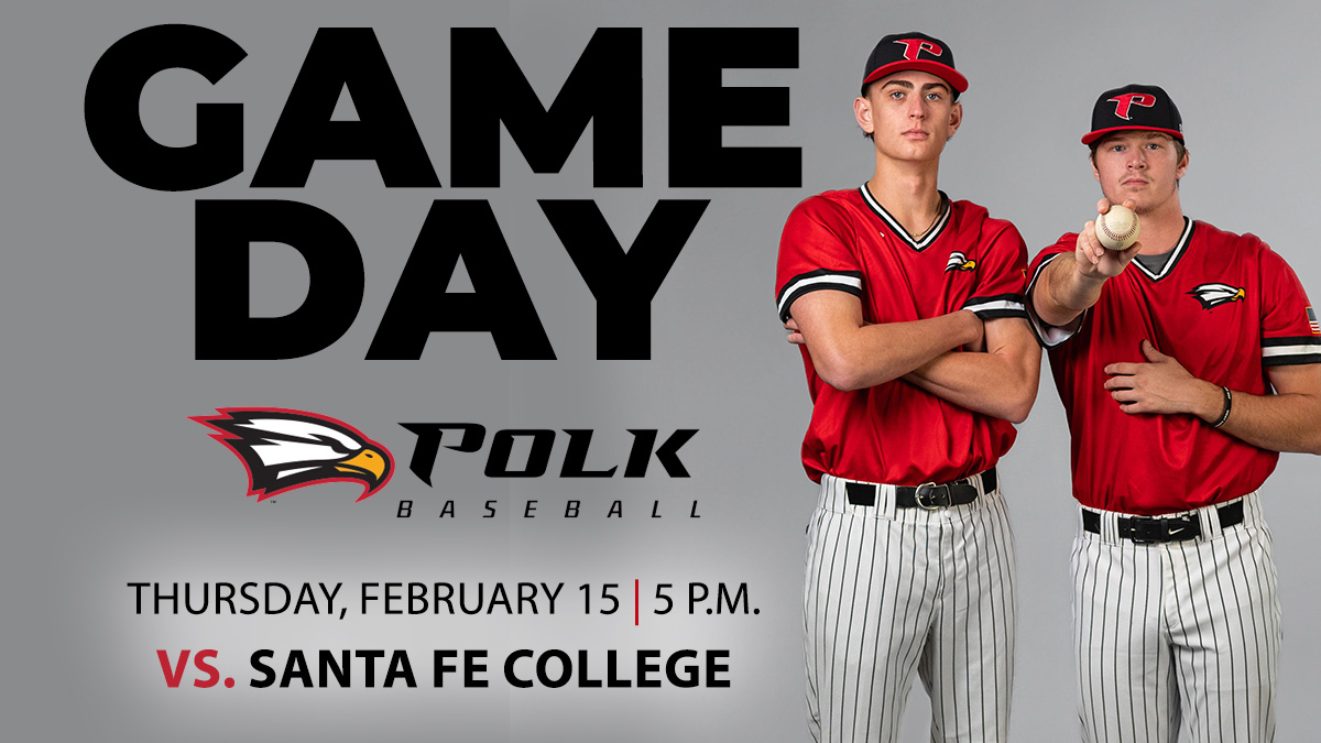 Polk State Baseball kicks off Citrus Conference play this evening at home.

Come out and support your Eagles!

🆚: Santa Fe College
❓: Conference opener
⏰: 5 p.m. 
📍: Bing Tyus Yard | Winter Haven, Fla.
📺: tinyurl.com/nhehp7xx