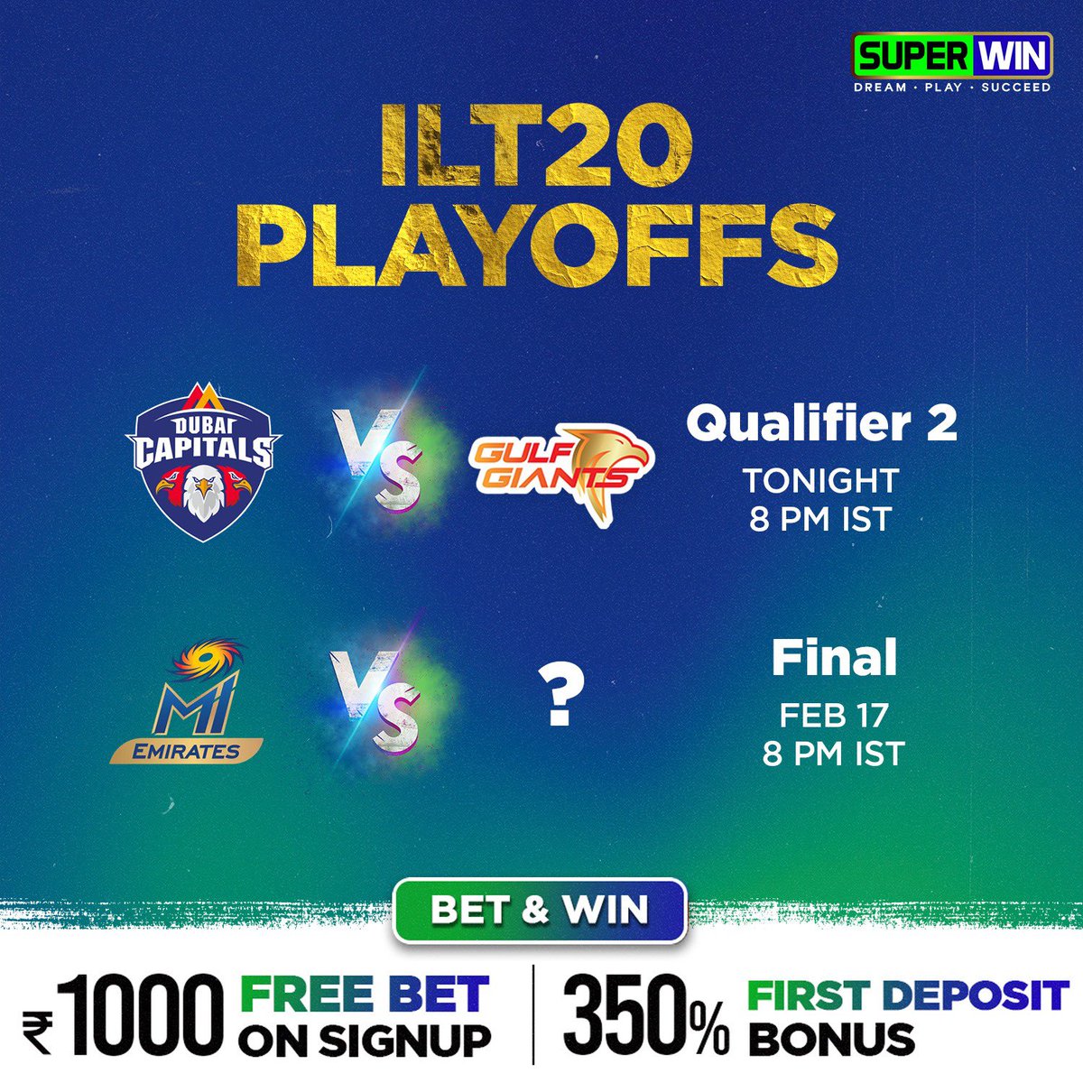 SuperwinGames's tweet photo. Will defending champs #GulfGiants make it to the #ILT20 final? 🤩 Or will it be #DubaiCapitals who face #MIEmirates for the 🏆👀 

Get your predictions in on https://t.co/rrmb9rG7Ej  to win BIG on this big occasion 😉 Your 🆓 Rs. 1,000 + 350% First Deposit Bonus awaits you 💸🤝
.
.
.
.
#Cricket #PlaywithSuperwin #Betting #CricketFever #BetIndia #SportsBettingAdvice #BetandWinTips #IndiaBetting #IndiaBettingSite #Betnow #Sports #SportsBook #SportsBetting #BettingStrategy #BetandWin
