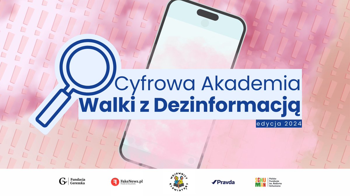 🤔 Chcesz nauczyć się rozpoznawać fake-newsy i poszerzyć swoje kompetencje cyfrowe? 

✅Aplikuj do Cyfrowej Akademii Walki z Dezinformacją !

✌️To drugi raz gdy wspólnie z <a href="/fakenews_pl/">Fakenews.pl 🇵🇱</a> i <a href="/pravda_org/">Stowarzyszenie Pravda (Pravda Association)</a>  zapraszamy na cykl bezpłatnych warsztatów.

Więcej info: wojownicyklawiatury.pl/cyfrowa-akadem…
