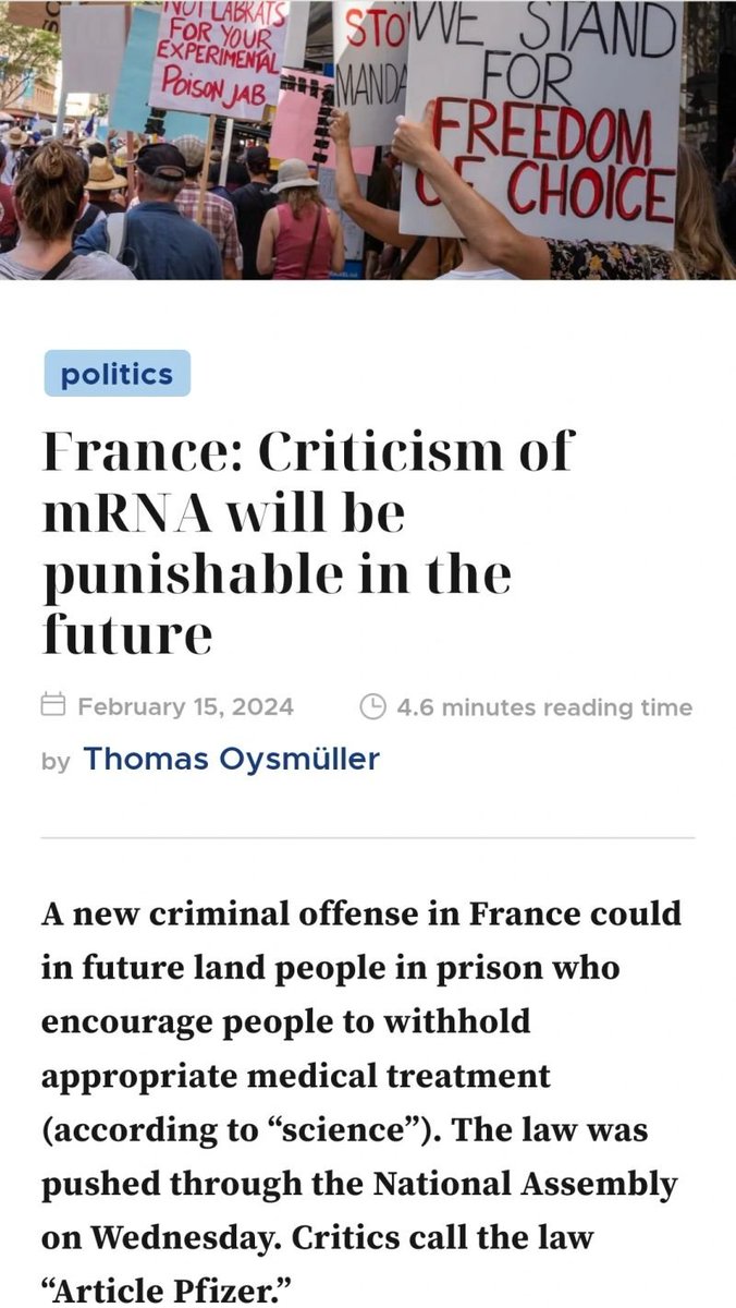 FatEmperor's tweet photo. Without much attention, a law was passed in France on Wednesday that could criminalize resistance to mRNA treatment. Anyone who advises against mRNA or other “medical treatments” that are “obviously suitable” for treatment based on the current state of medical knowledge can in future be imprisoned in France for up to three years or receive a fine of up to 45,000 euros.

Source:
https://t.co/XoOlGQi6fE