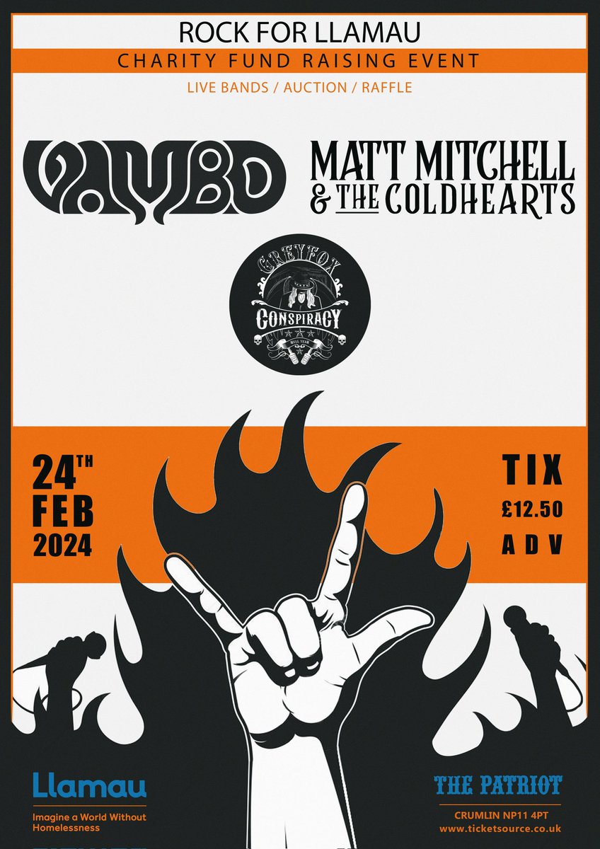 Rock For Llamau is 24th Feb 2024 at <a href="/PatriotHomeOfR1/">PatriotHomeOfRock</a>. 3 amazing bands are playing <a href="/vamboofficial/">Vambo</a> <a href="/mmitchellonline/">Matt Mitchell</a> and Greyfox Conspiracy.  Usual auction and raffle and lots of fun to help raise much needed funds for <a href="/LlamauUK/">Llamau</a>. Tickets can be bought here - tinyurl.com/mraefwwn