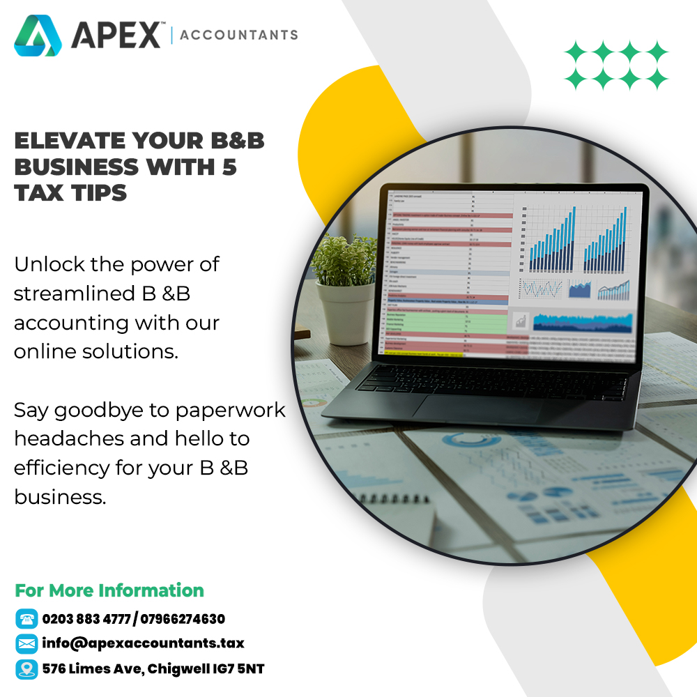 Elevate Your B&B Business with 5 Tax Tips

Unlock the power of streamlined B &B accounting with our online solutions. 

#Apexaccountantstaxadvisers #BnBBookkeeping #OnlineAccounting #PaperlessBusiness #EfficiencyFirstm #AccountingSolutions