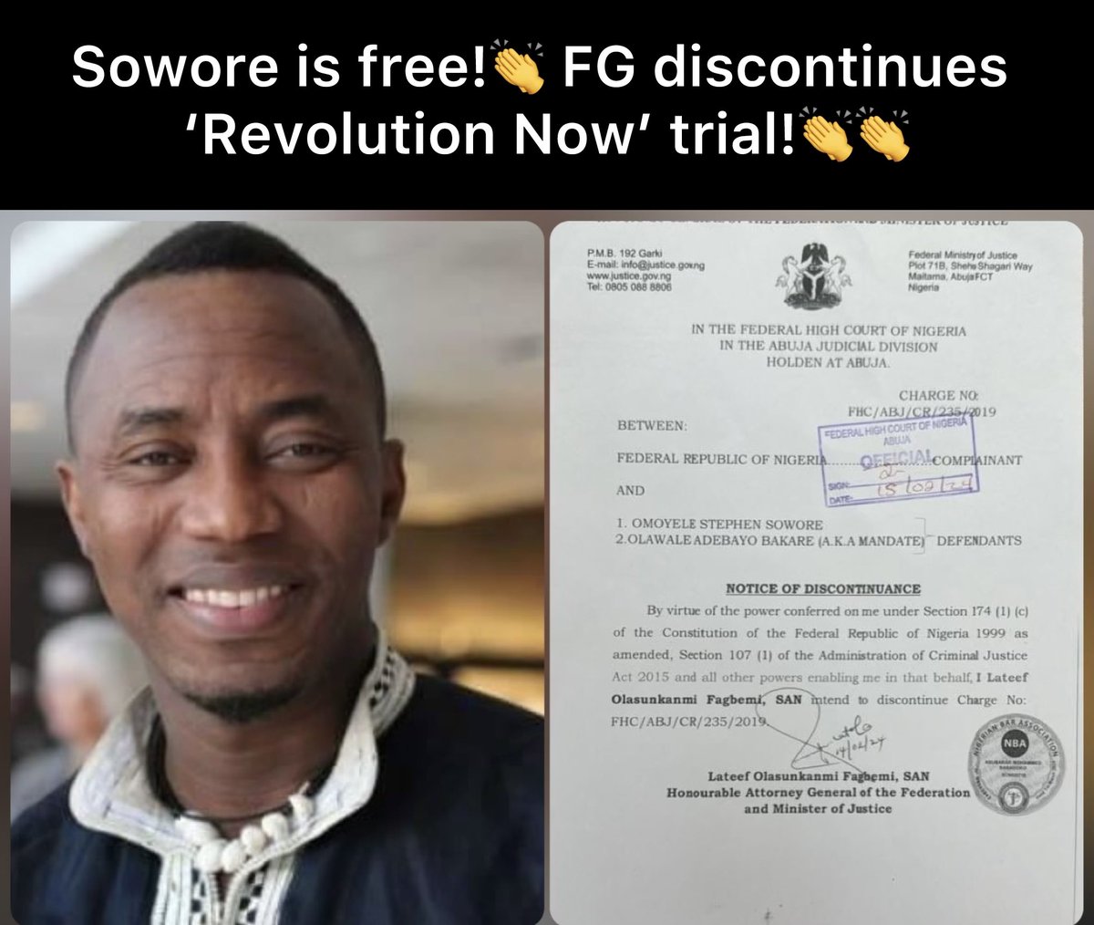 The Federal Government has opted to halt the trial of @YeleSowore Omoyele Sowore, the presidential candidate of the African Action Congress (AAC), and his co-defendant, Olawale Bakare, also known as Mandate 👏👏👏