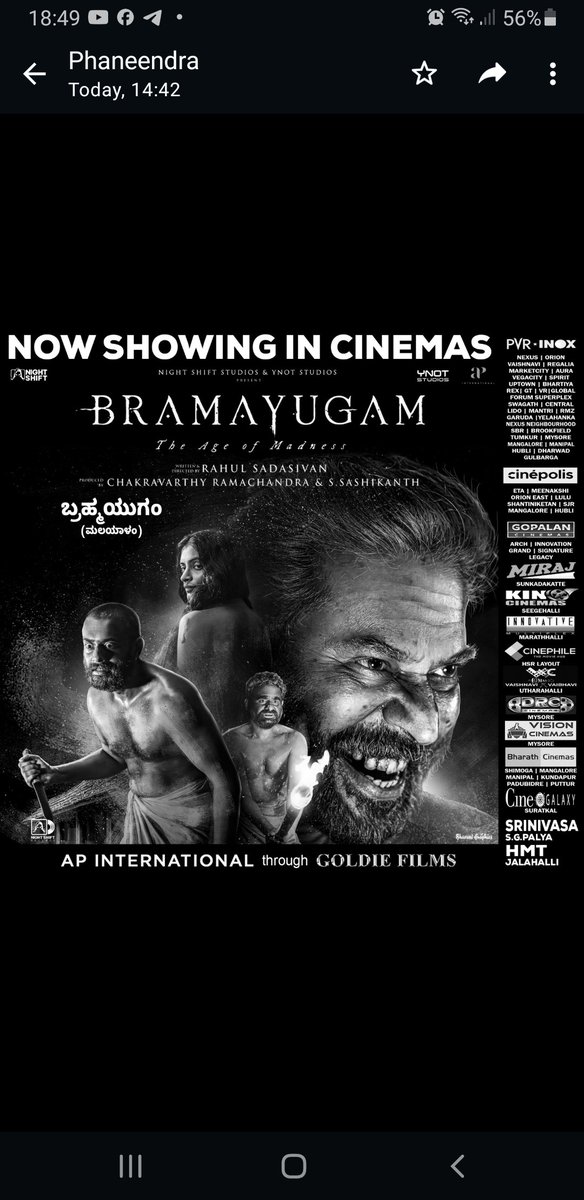 Extremely Proud to be associated as the Karnataka Distributor of #Bramayugam. A Career defining and Brilliant performance by the One and Only #Mammootty. A Masterpiece of Indian Cinema sprinkled with an ambitious Plot & par excellent Film making !