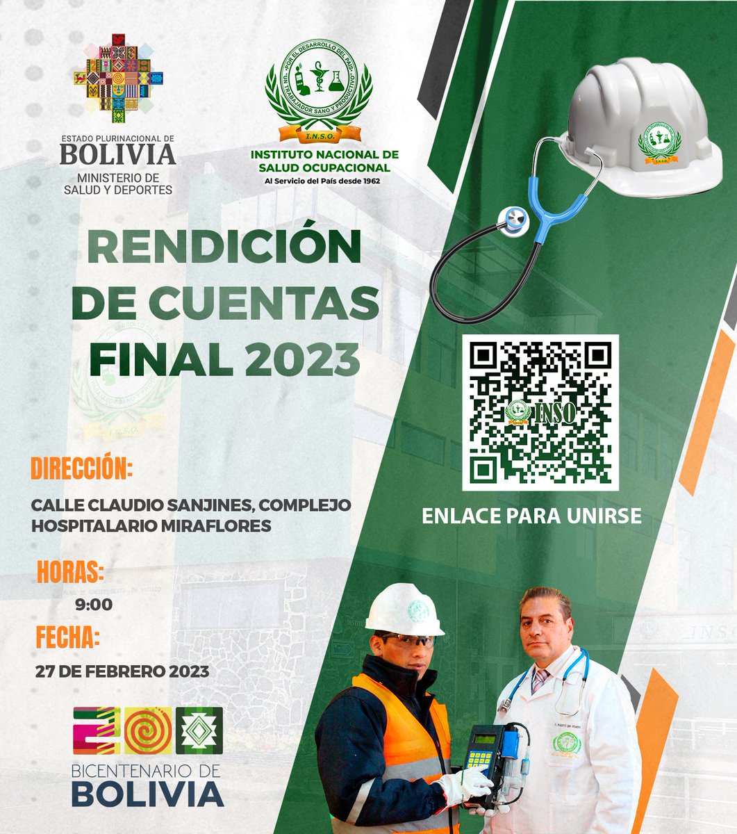 INSO_BOLIVIA's tweet photo. RENDICIÓN DE CUENTAS FINAL 2023
El Instituto Nacional de Salud Ocupacional - INSO, se complace en invitar a la AUDIENCIA PÚBLICA DE RENDICIÓN DE CUENTAS FINAL CORRESPONDIENTE A LA GESTIÓN 2023.
Presencial: En el Auditorio del INSO
🗓 Fecha 27 de febrero de 2024
⏰ Horas 9:00 a.m. https://t.co/h9GpywMcjY