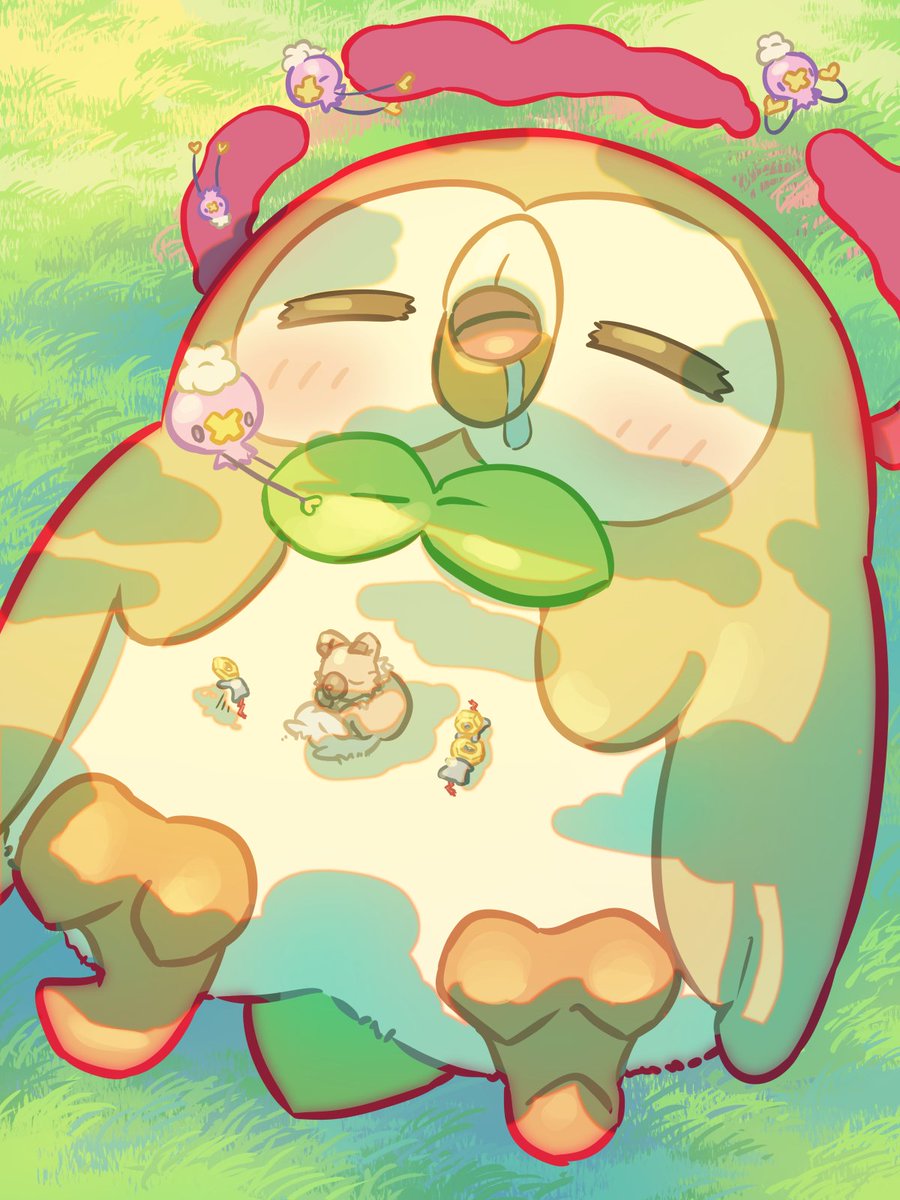 rowlet pokemon (creature) grass closed eyes open mouth no humans drooling outdoors  illustration images