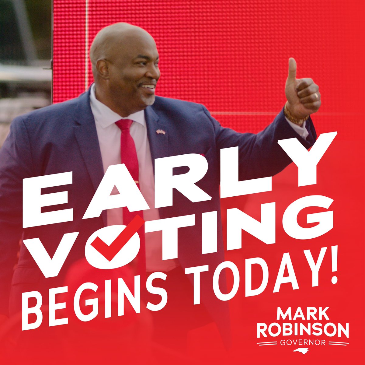 ATTENTION, TEAM ROBINSON:

In-person early voting for the 2024 North Carolina primary begins TODAY across our state!

Are you ready to Reclaim and Restore North Carolina? Find your early voting polling location HERE: vt.ncsbe.gov/EVSite/
