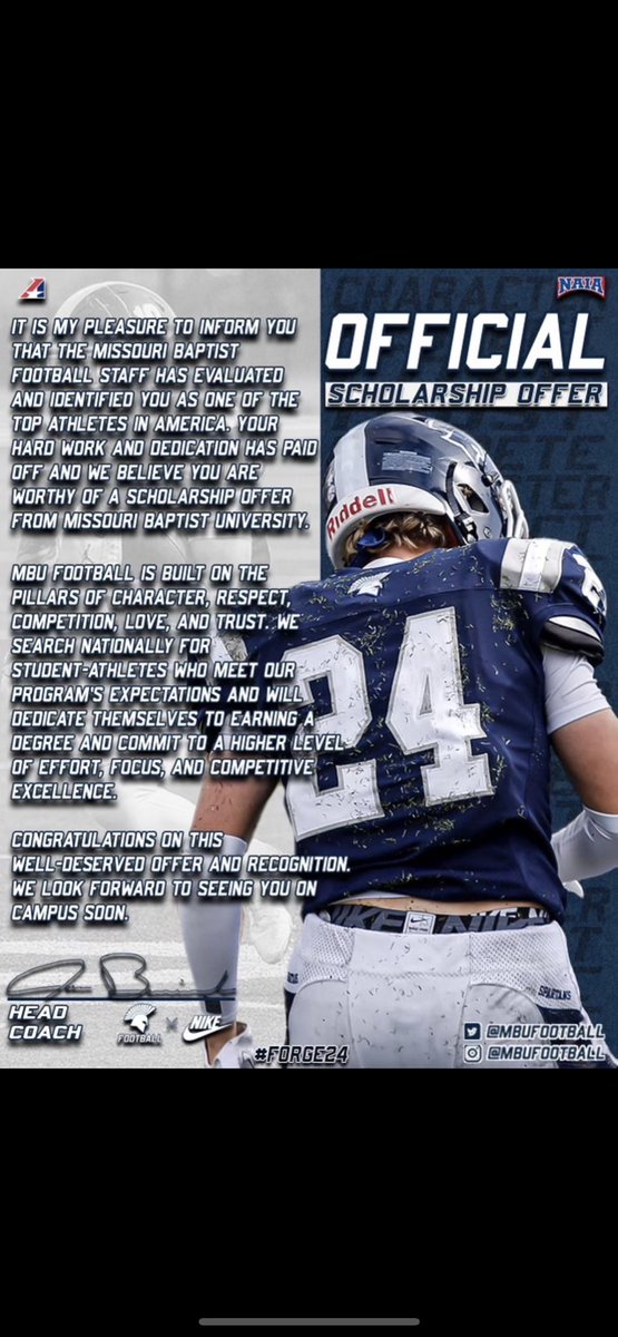 Blessed to receive an offer from Missouri Baptist University @CoachZackKern1 @ICCPFootball