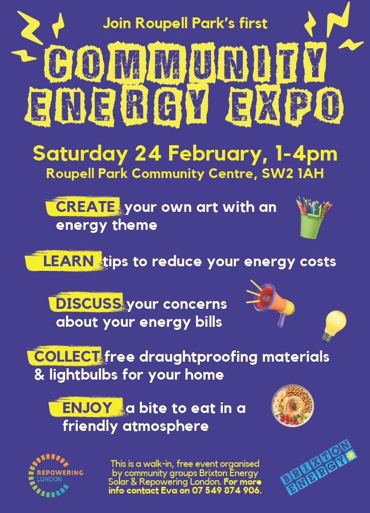 ⚡️Community Energy Expo at Roupell Park next weekend! Join us & Brixton Energy Solar for an afternoon of conversation, art, and energy tips.