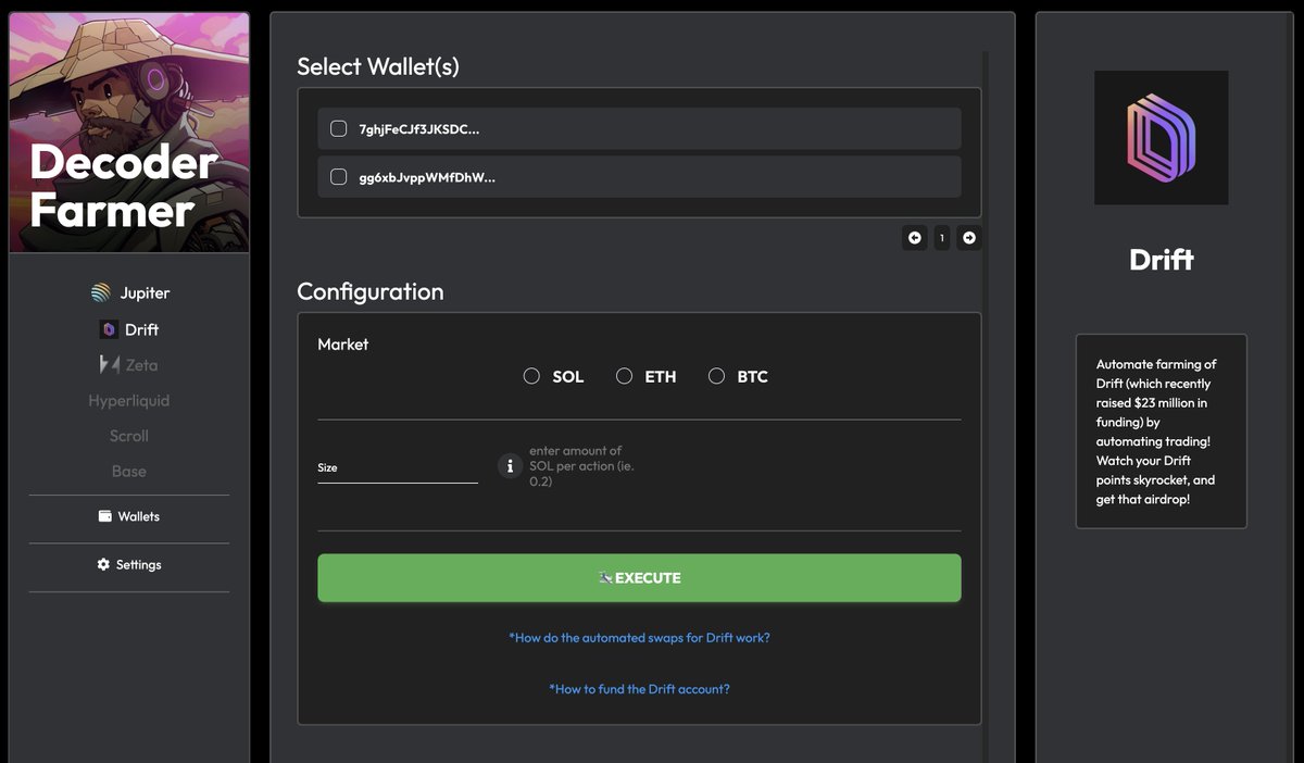 SOL_Decoder's tweet photo. 🧑‍🌾 Decoder Airdrop Farmer Update

Beta testing is in full swing and the results are rolling through for $JUP airdrop farming! 🚀

New Decoder Farmer builds have been hitting the shop floor every 8 hours with bug fixes and improvements! 🥶

🔜 @DriftProtocol, @HyperliquidX, @ZetaMarkets, @base & @Scroll_ZKP 

👀 The landscape for farming airdrops and developing software is constantly changing so keep a CLOSE eye for updates!