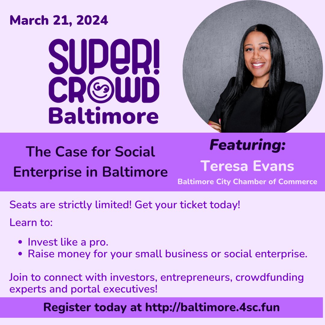 We're excited to announce that Teresa Evans, Chair, Baltimore City Chamber of Commerce will speak at #SuperCrowdBaltimore.

At #SuperCrowdBaltimore, you'll gain valuable insights into angel investing, small business funding, and more.

Register here: baltimore.4sc.fun