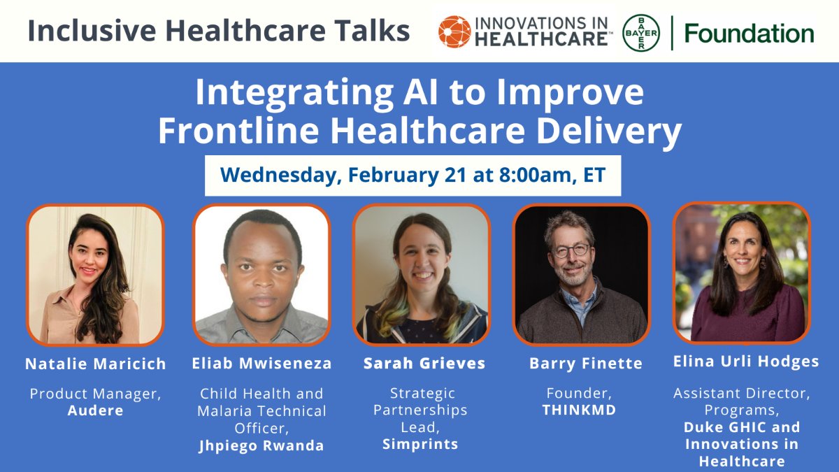 Duke Global Health (@dukeghi) on Twitter photo .<a href="/innovationsinhc/">Innovations in Healthcare</a> and <a href="/BayerFoundation/">Bayer Foundation</a> invite you to join them for a talk on “Integrating AI to Improve Frontline Healthcare Delivery” on Feb. 21 at 8am EST. Register and learn more about the event ⤵️ duke.zoom.us/meeting/regist… .<a href="/innovationsinhc/">Innovations in Healthcare</a> and <a href="/BayerFoundation/">Bayer Foundation</a> invite you to join them for a talk on “Integrating AI to Improve Frontline Healthcare Delivery” on Feb. 21 at 8am EST. Register and learn more about the event ⤵️ duke.zoom.us/meeting/regist…