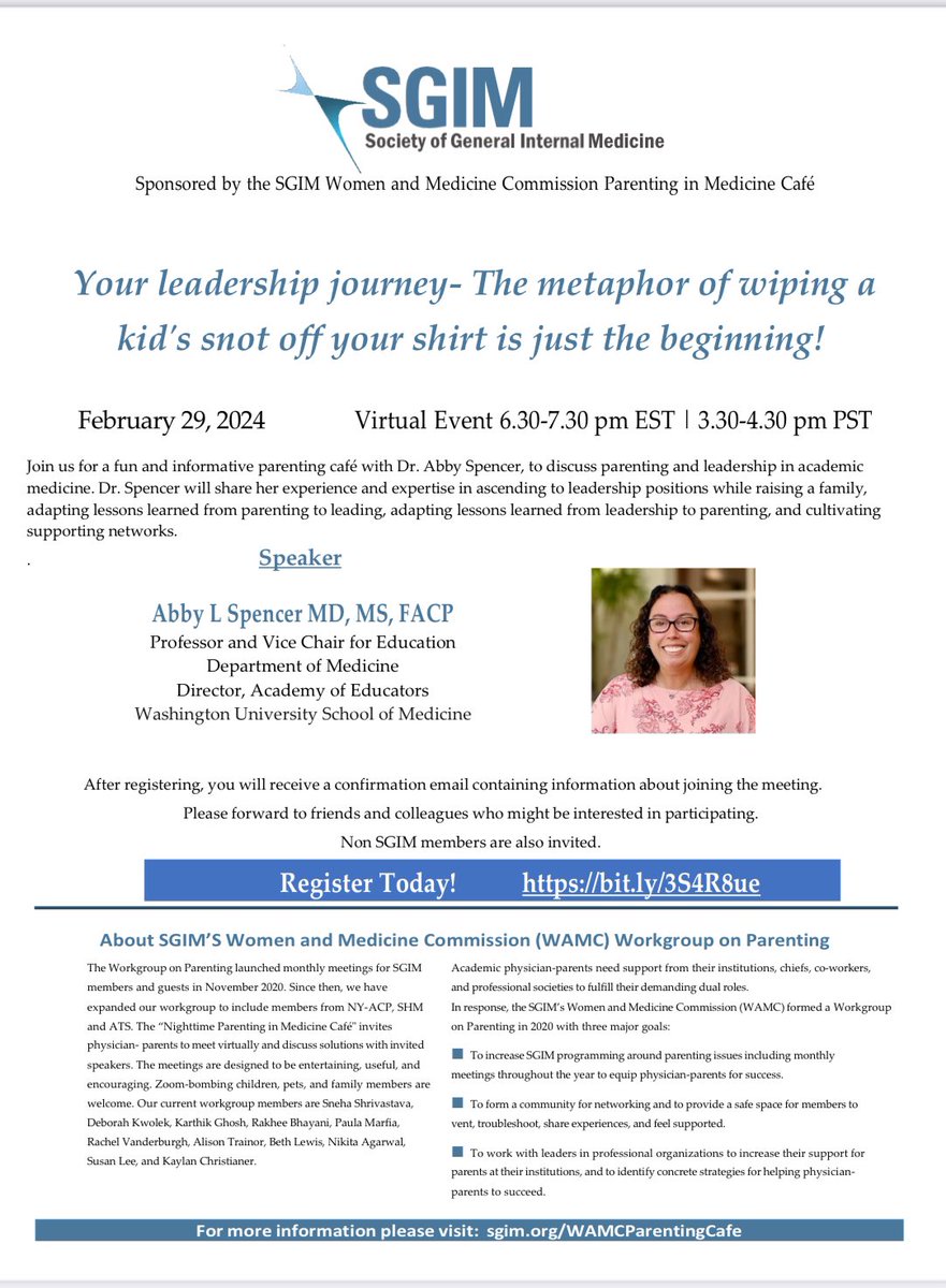 After registering you will receive a confirmation email & a pack of tissues! 🤣🤧🩺🥼 Hope you can join us for a @SocietyGIM #WomenInMedicine #ParentingCafe to discuss navigating your leadership journey as a parent! Lessons learned from each to make you even better at the other!