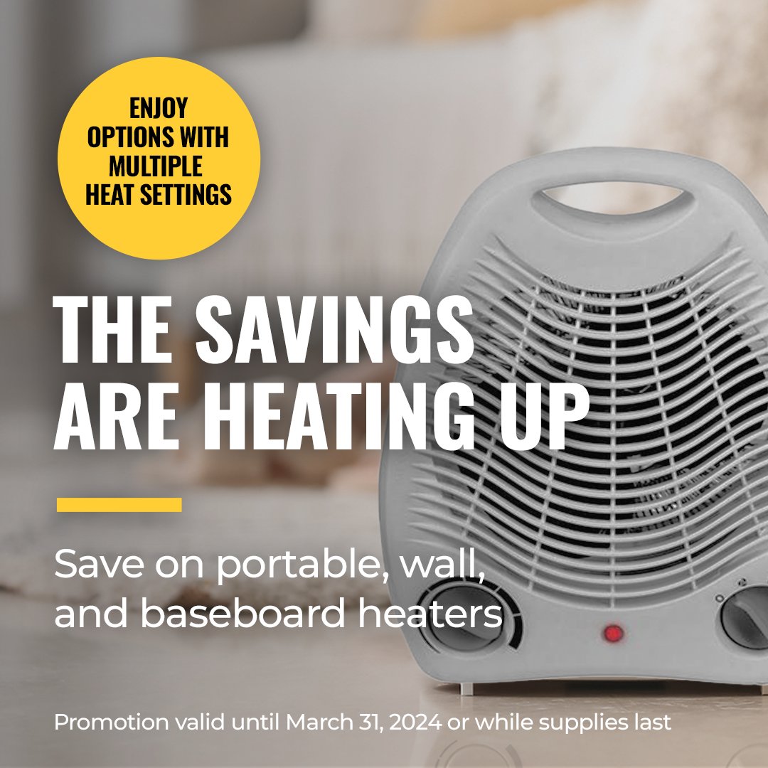 HDSupplyCanada's tweet photo. The savings are heating up! Save on portable, wall and baseboard heaters until March 31, 2024.

Save now: https://t.co/L2AhaE07T9

#heater #heatersale #save #portable #wall #baseboard #winter https://t.co/Duhlv2GT7O