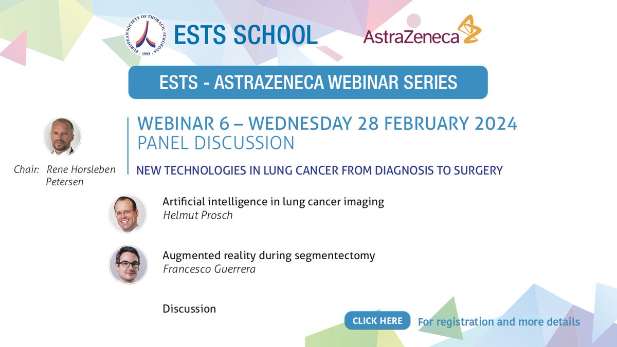 Join the ESTS-Astra Zeneca Webinar Series! 🗓️ Date: Wednesday, 28 February 2024 Time: 18:00 CET Topic: New Technologies in Lung Cancer from Diagnosis to Surgery @ReneHPetersen @guerreraf72 Helmut Prosch Registration: shorturl.at/jwxO4 Info: shorturl.at/enw25