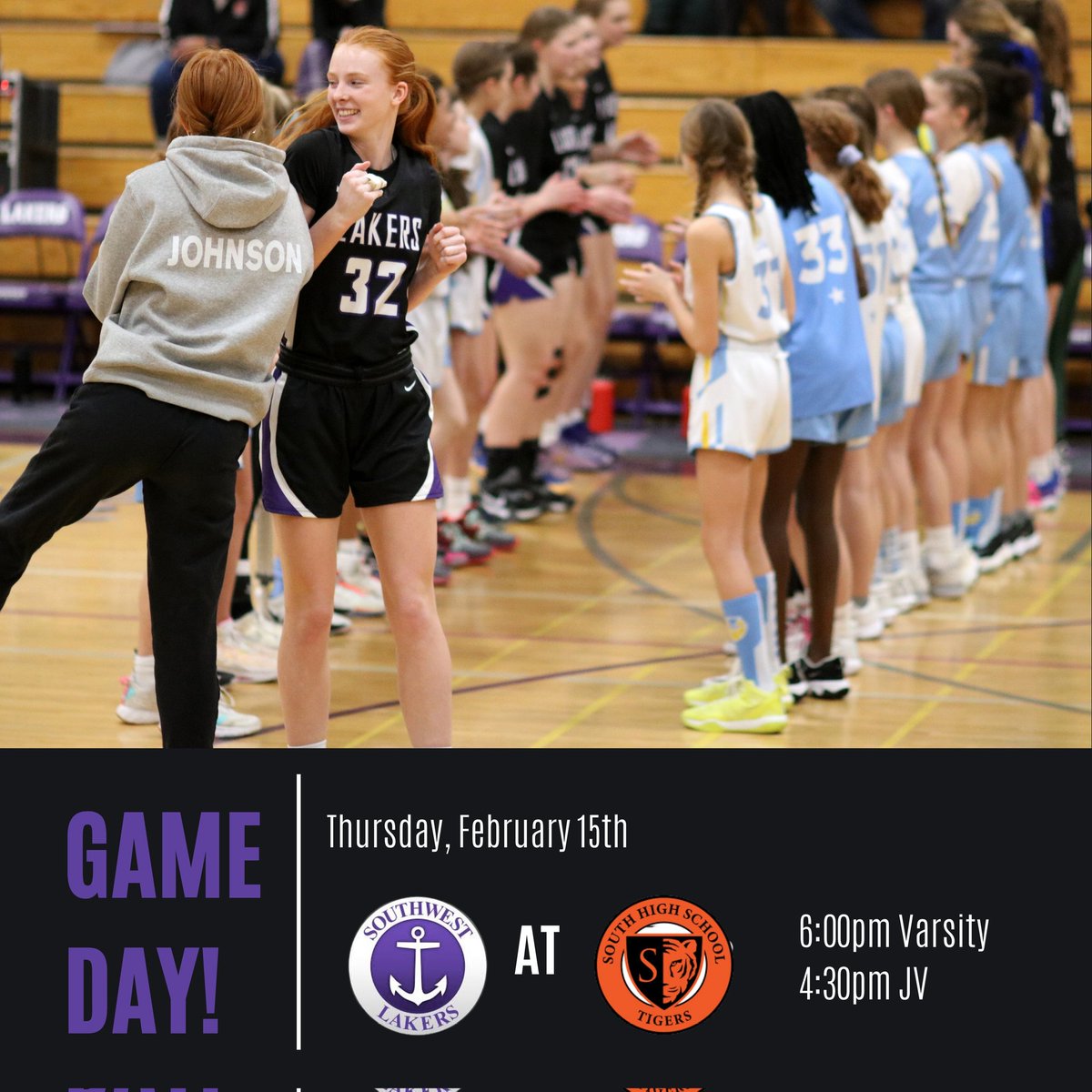 ⚠️ GAME DAY ⚠️ conference game at South tonight!! 🏀 JV 4:30; Varsity 6:00 🏀 #lakernation  #golakers⚓️ 💜🤍
