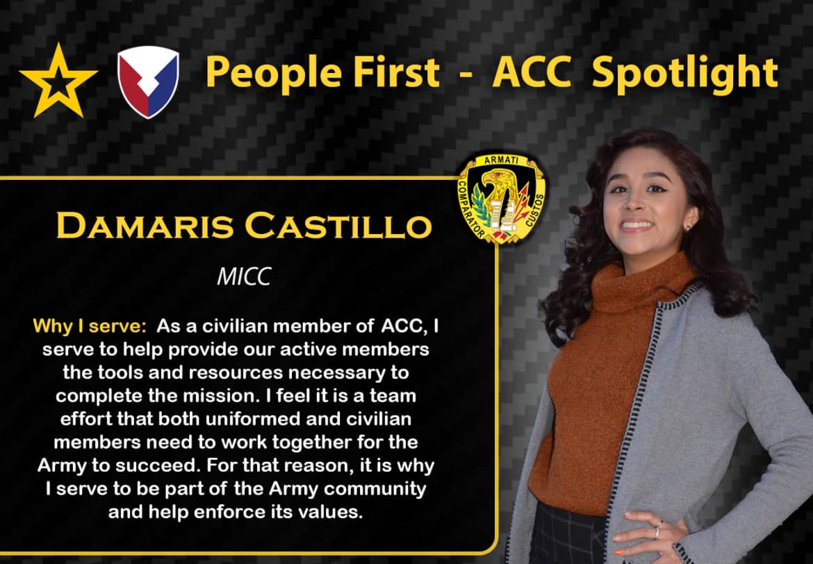 Congrats to the #ACCSpotlight Damaris Castillo! As a contract specialist, she performs cost/price analysis, prepares solicitation documents, develops strategic plans, and prepares documents to close contracts in support of the @USArmy's testing operations at Yuma Proving Ground.