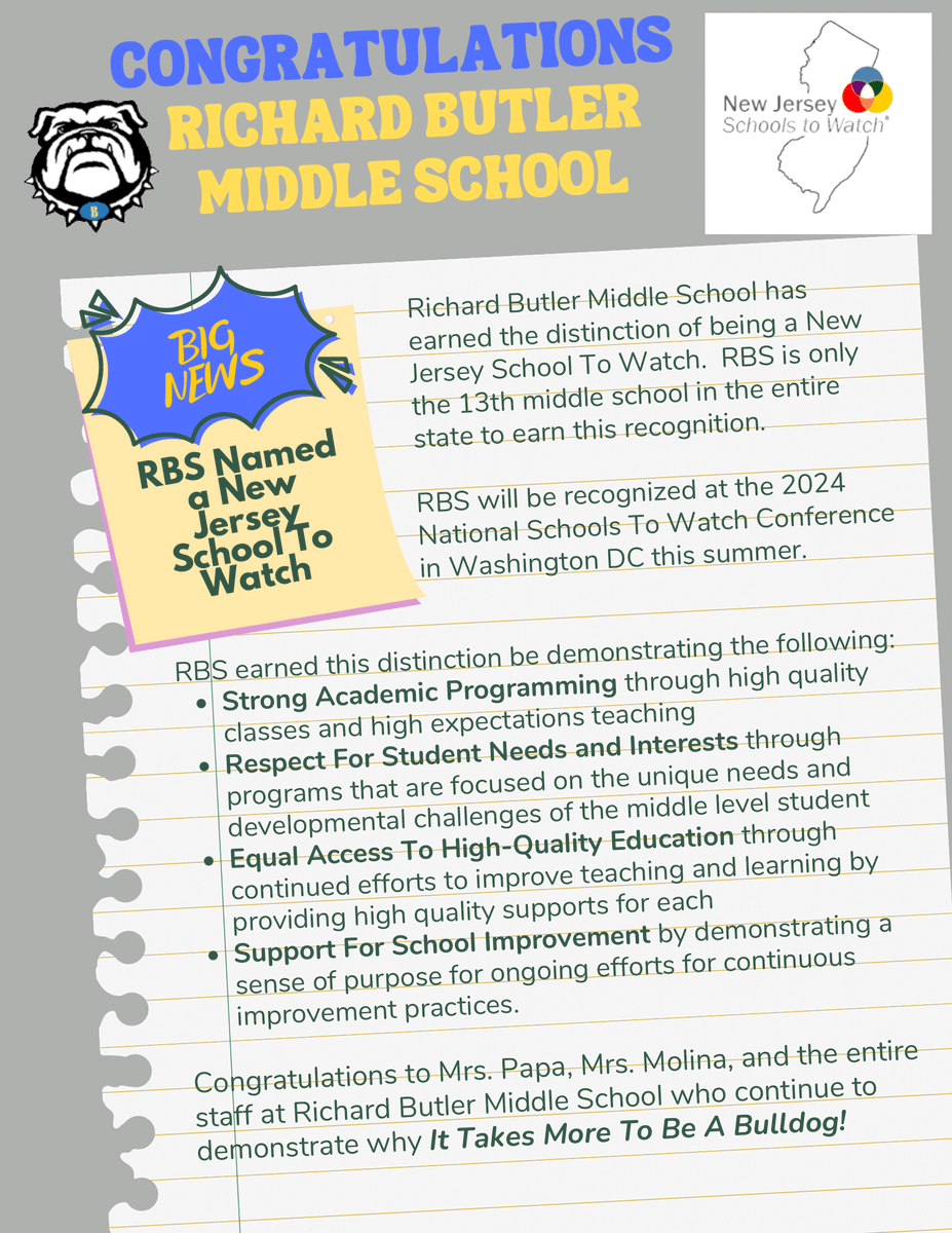 RBS_Bulldogs's tweet photo. We have BIG news! Richard Butler Middle School has been named NJ's newest #SchooltoWatch. This is a distinct honor that RBS is only the 13th school in the state to receive. We are so proud of our students, staff, &amp; community who make RBS the awesome place that it is! @NJ_S2W https://t.co/kdmXkGRhCd