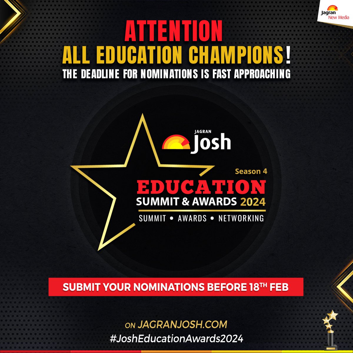 Hurry, time is running out! Nomination lines for the Education Awards will be closing on 18th Feb. Don't miss your chance to recognize excellence in education.

To nominate, visit; education-awards.jagranjosh.com

@parikshitbh #EducationAwards #NominateNow #ExcellenceInEducation