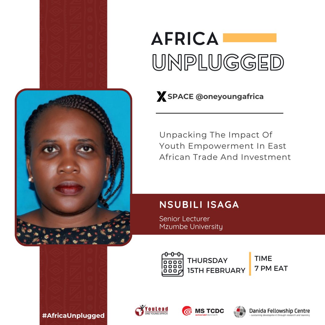 OneYoungAfrica's tweet photo. 1/2 📢THIS EVENING on #AfricaUnplugged, we're joined by Dr Nsubili Isaga.
She has worked as an expert in the area of personal finance &e entrepreneurship development in Tanzania 🇹🇿 for over 15 years
📅 THIS EVENING
⏰ 7pm EAT
✅ Tag a #WomanInResearch
✅ Share with a friend https://t.co/ZFCClzIqns