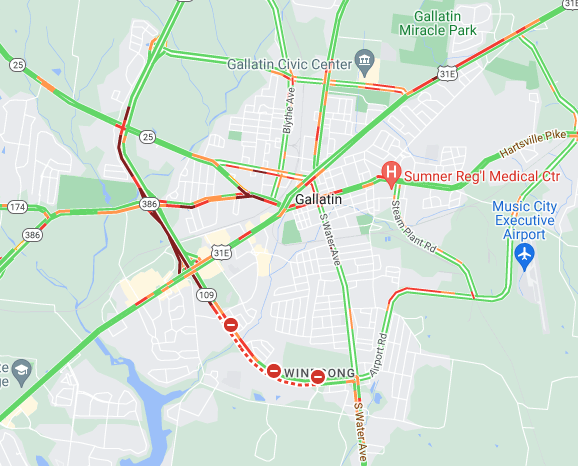 #NASHtraffic - Hwy 109 SB remains closed on the bypass between about Hancock St and Clear Lake Meadows Blvd. Delays back to Red River Rd. @GallatinPolice @RebekahTDOT