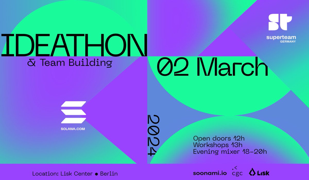 SuperteamDE's tweet photo. Get ready for an inspiring IDEATHON &amp; team building day with our friends at @CryptoGirlsClub @soonami_io and @LiskHQ 🔥

March 2nd

SIGN UP: https://t.co/aqX3DG4QFB https://t.co/HhklGltTg3