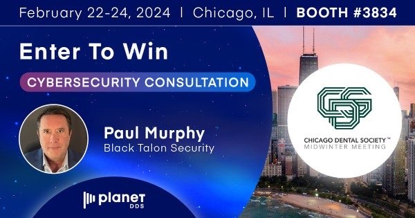 Attending the @Chicago_Dental Midwinter Meeting next week? Be sure to stop by the @PlanetDDS Booth 3834 to enter to win a free cybersecurity consultation for your practice with Paul Murphy.

#CDS24 #MidwinterMeeting #cybersecurity