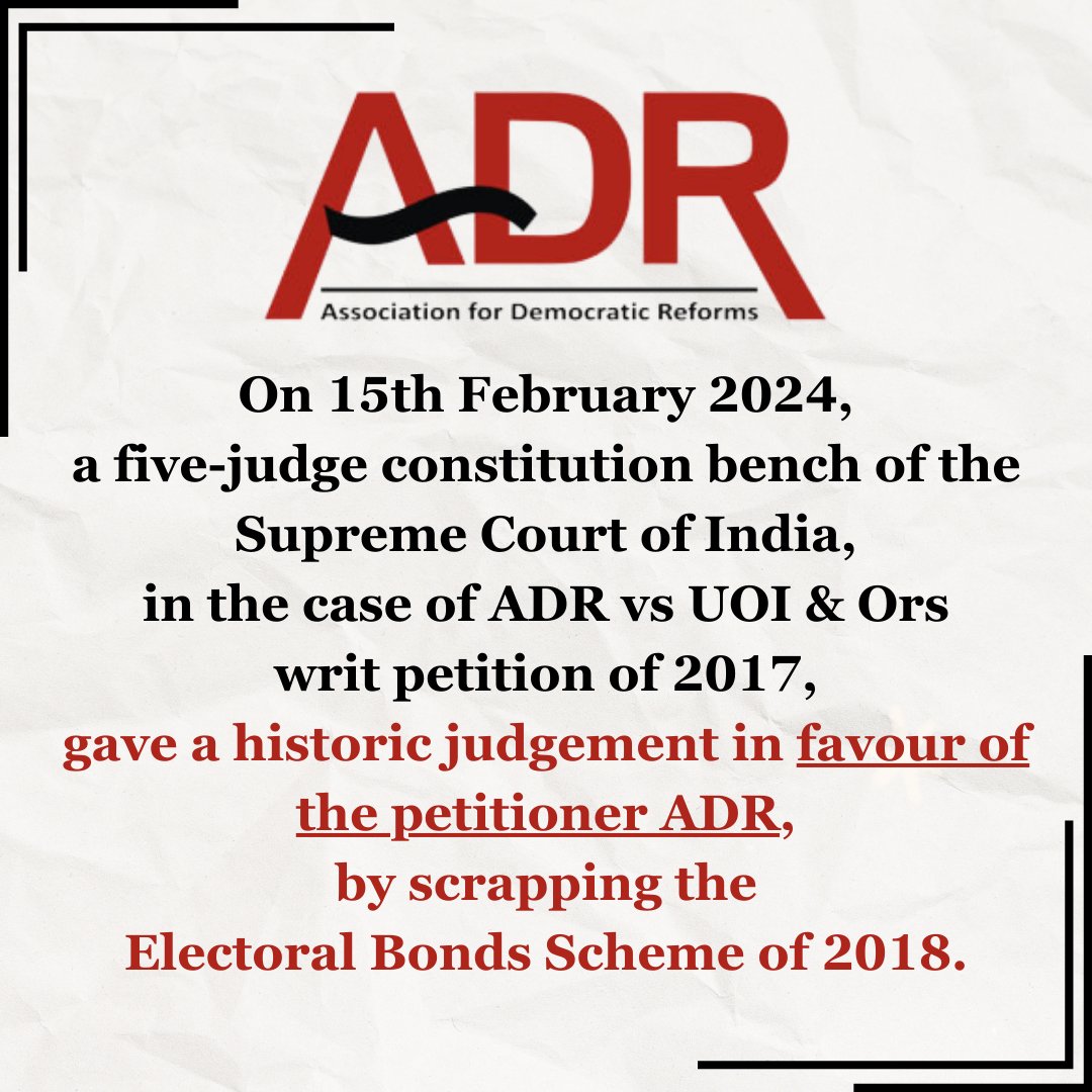 adrspeaks's tweet photo. Press Release: Supreme Court's judgment on ADR's petition challenging the Finance Act, 2017; Electoral Bonds and Removal of company's limit to donate: https://t.co/lxN1LC2FVs. 

#ElectoralBonds #ElectoralBondScheme #PoliticalDonations https://t.co/VOWnSmiPF7