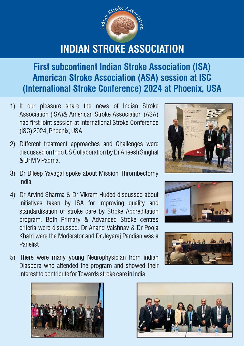 1/2 The Indian Stroke Association (ISA) & American Stroke Association (ASA) had the first Indo-US joint session at the International Stroke Conference (ISC) 2024, in Phoenix, USA. Dr.Aneesh Singhal, Dr. M.V.Padma, Dr. Arvind Sharma, Dr.Vikram Huded... #ISA #ASA #ISC2024