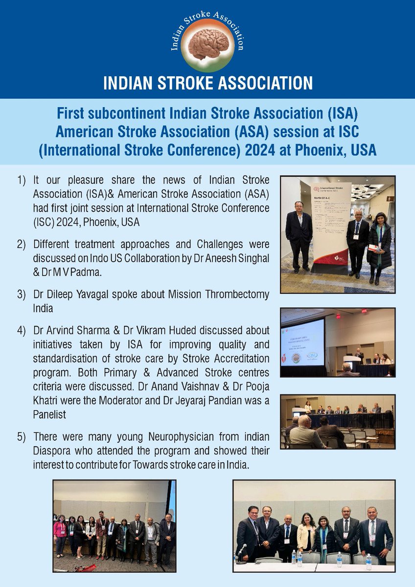 1/2 The Indian Stroke Association (ISA) &amp; American Stroke Association (ASA) had the first Indo-US joint session at the International Stroke Conference (ISC) 2024, in Phoenix, USA. Dr.Aneesh Singhal, Dr. M.V.Padma, Dr. Arvind Sharma, Dr.Vikram Huded...
#ISA #ASA #ISC2024