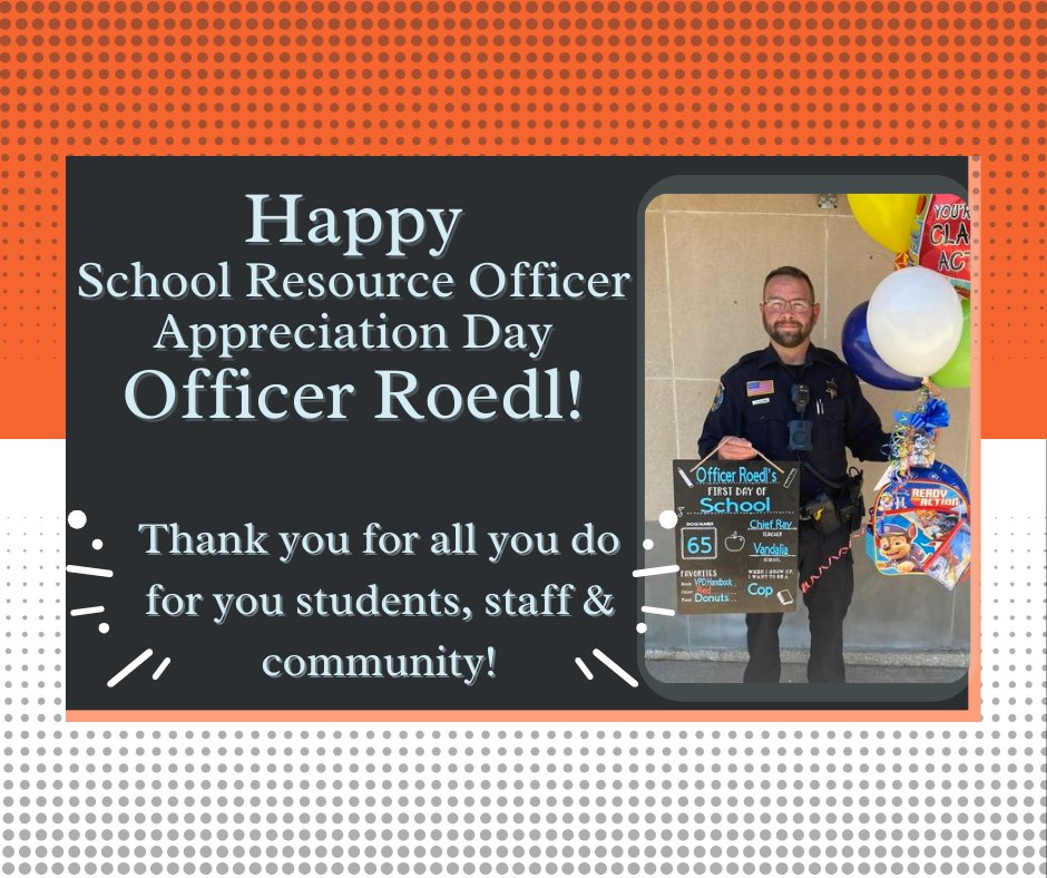 👮‍♂️🍎 SRO Appreciation Day! 🍎👮‍♀️ Big shoutout to our incredible School Resource Officer Roedl! 🌟 Your dedication to the safety and well-being of our students doesn't go unnoticed. 💙👏 #SROAppreciation #SchoolSafety #CommunityHeroes #ThankYouOfficers#VandalStrong