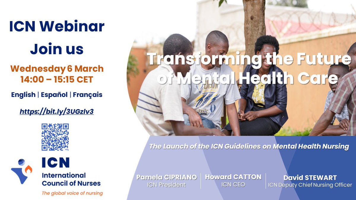 Register now to our “Transforming the Future of Mental #Healthcare” webinar on 6 March 14h CET! It will feature our #mentalhealth #nursing guidelines launch and top-notch speakers in the field including ICN President @PamCiprianoRN and CEO @HowardCatton! bit.ly/42H8jWu