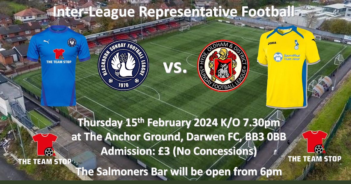 MATCHDAY: The <a href="/BlackburnLeague/">The Blackburn Sunday Football League</a> take on the <a href="/HODSFL/">Hyde, Oldham & District Sunday League</a> tonight at <a href="/DarwenFC/">Darwen FC</a> K/O 7.30pm