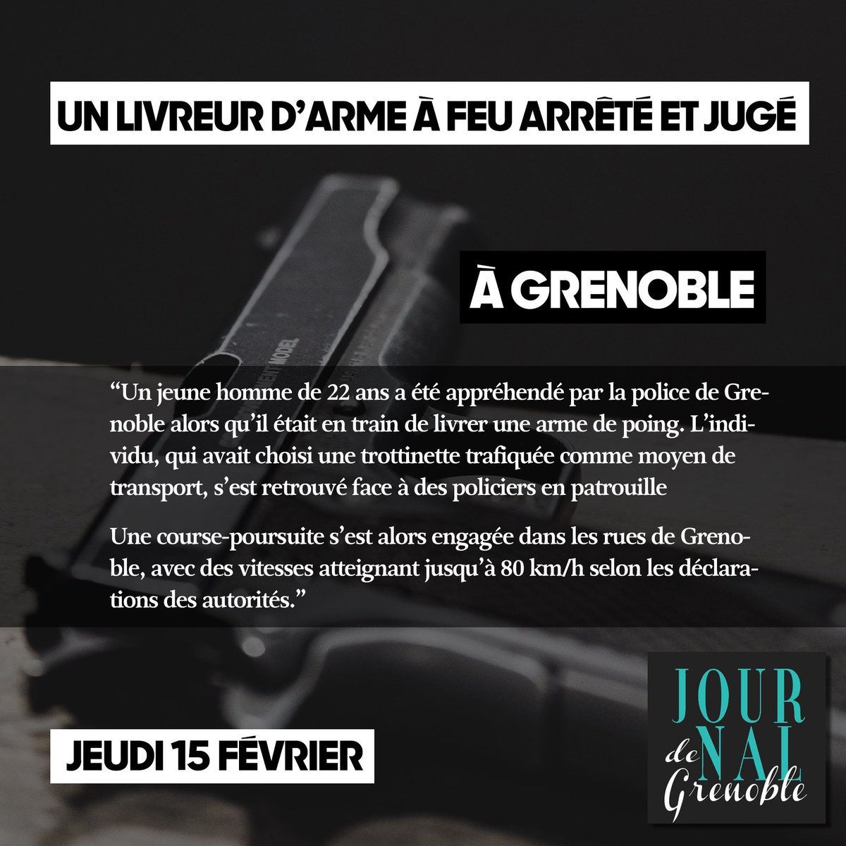 journalgrenoble's tweet photo. 🚨 Un jeune de 22 ans livrait un Beretta 9mm en trottinette trafiquée à #Grenoble ! Une course-poursuite à 80 km/h avec la police dans la ville 🏃‍♂️💨. Résultat : 8 mois de prison ⚖️. https://t.co/DS3F7gp2F7